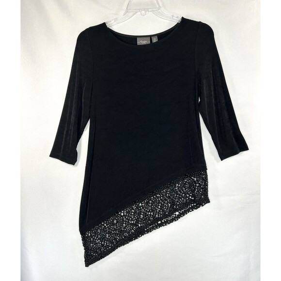 Chicos Travelers Black Lace Top Size 0 US Small Asymmetric Stretch 3/4 Sleeve - Picture 1 of 10